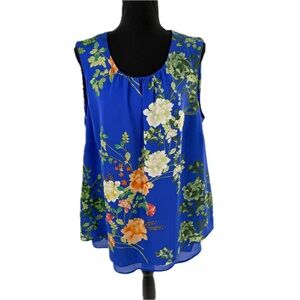 Rose + Olive Floral Royal Blue Sleeveless Layered Blouse Plus Size 1X